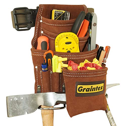 Graintex SS2976 10 Pocket Nail & Tool Pouch Brown Color Suede Leather with 2” Leather/Webbing Belt for Constructors, Electricians, Plumbers, Handymen