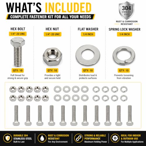 304 Stainless Steel Hex Bolt Kit 1/4"-20 UNC, Fully Threaded Machine Bolts with Nuts, Flat & Spring Washers (Set of 10, 1/4" x 3/4") 1/4" x 3/4" Set of 10
