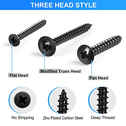 SATANTECH 485Pcs Black Wood Screws Assortment Kit, #6#8#10 Round Head & Truss Head & Flat Head, Self Tapping Screws, 20 Sizes Black Steel Length 1/2 to 2 inch #6#8#10 Truss/Round/Flat Head
