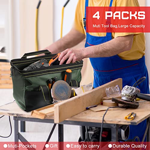 4 Pieces Tool Bag with Waterproof Strong Molded Base Multi Pockets Wide Mouth Tool Tote Multifunctional Large Capacity Organizer Heavy Duty Tools Storage Bag for Men Carpenter Electrician 13 Inch Multicolor