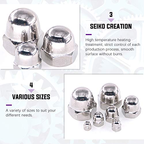 Swpeet 100Pcs 304 Stainless Steel Serrated Metric Acorn Cap Nuts Hex Dome Cap and 150Pcs 304 Stainless Steel 6 Sizes Metric Square Nuts Assortment Kit