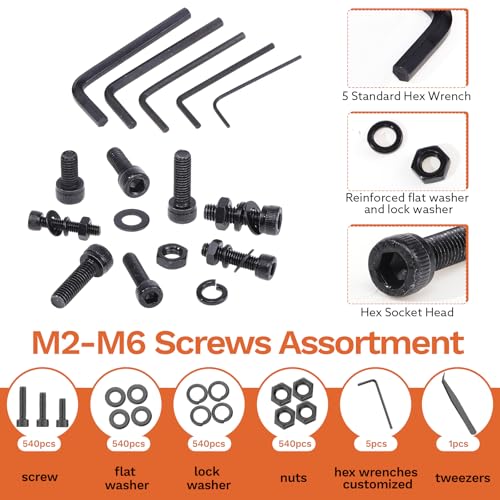 Hapric 2160 Pcs Metric Screw Assortment M2 M3 M4 M5 M6 Nuts and Bolt Kit Black M2-M6 Screw Assortment 2160Pcs
