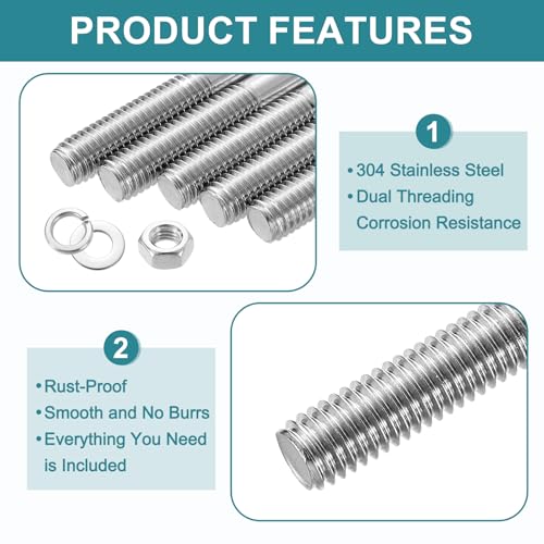 uxcell 2pcs Double Ended Stud Screws, M8x450mm 304 Stainless Steel Dual Threaded Rod Bolts with Nuts and Flat & Lock Washers Double End Threaded Stud Screw Bolt for House Maintenance 2