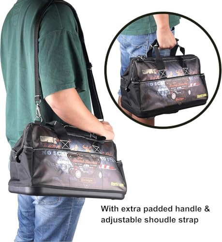 Hurricane Busted Knuckle Garage 16 Inch Wide Mouth Tool Bag with 21 Pockets, Large Inner Space and Water Proof Base Updated Tape Measure Holder with Extra Shoulder Strap