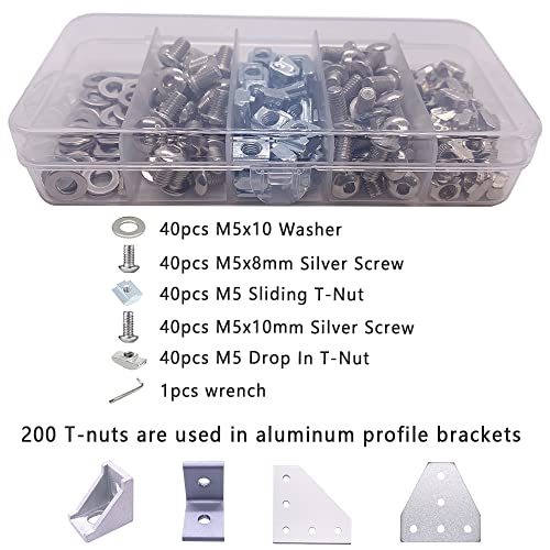 400Pcs (200pcs Black and 200pcs Silver) 2020 M5 T Nuts scerws kit for 2020 2040 8020 V T Slot Rail Aluminum Extrusion Profile Connectors