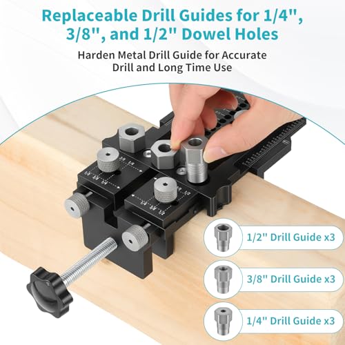 Dowel Jig Kit for Perfect Wood Joints, Self Centering Doweling Jig with 1/4 3/8 1/2 Drill Bushings & Bits, Woodworking Hole Drilling Guide for Cabinet Furniture DIY