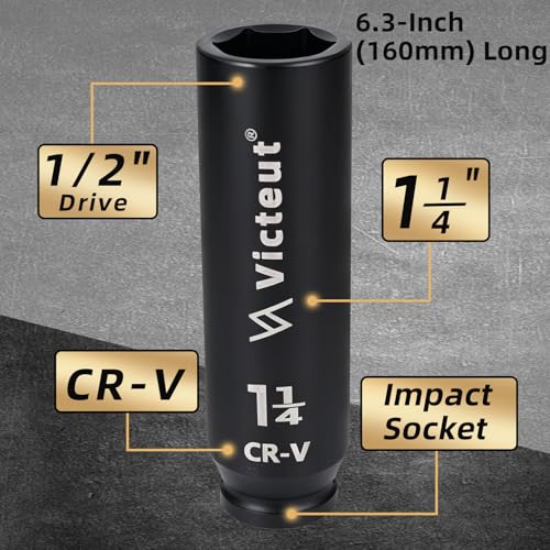 1/2" Drive 1-1/4" Extra Deep Impact Socket，6.3-Inch (160mm) Long，6-Point, Heat Treated Cr-V Alloy Steel, One-Piece Forged, No Torque Loss