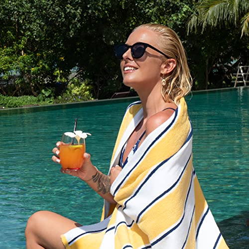Aston & Arden Striped Beach Towel - Oversized 35 x 70 Soft Plush Thick Cotton, 600 GMS Heavy & Luxury for Pool Chairs, Resort, and Hot Tub, Yellow/Navy 1