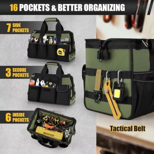 16 Inch-Wide Mouth Tool Bag, Waterproof Tool Organizer Bag, Heavy Duty Tool Bag for Tool Storage, Carrier and Organizer, Adjustable Shoulder Strap, Inside Pockets (Olive Green) Olive Green 16 IN