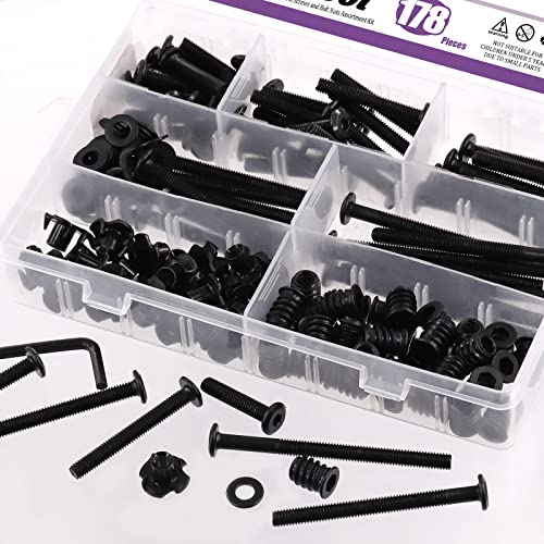 Swpeet 180Pcs M6 Carbon Steel Black Hex Drive Socket Cap Bolts and Threaded Inserts Nuts with T Nut 4 Pronged Tee Blind Nuts and Flat Washers Kit, 1Pcs Wrench Bolts Fully Threaded Hex Socket Screws 178