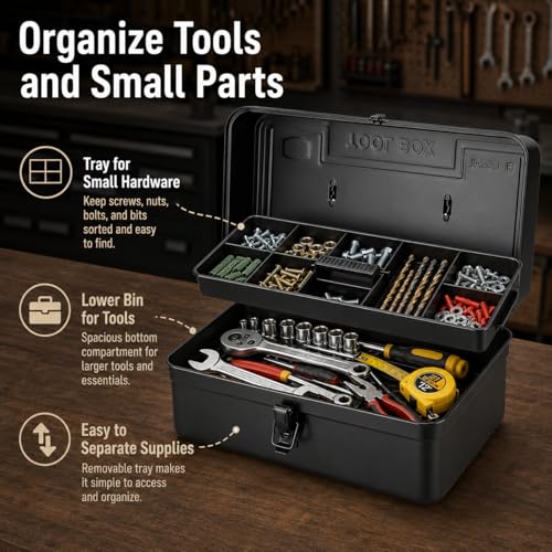 Portable Small Metal Tool Box & Parts Organizer – 14.2" x 6.8" x 6.5" Lockable Storage Case with Removable Plastic Dividers, for Craft Supplies, Garage Hardware, Screws, Home Projects – Black