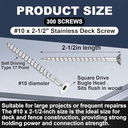 Blulu 300 Pcs 10 x 2‑1/2" Deck Screws, 304 Stainless Steel Nails for Deck