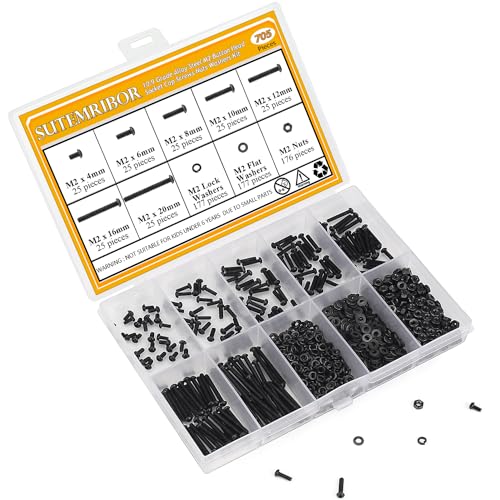 705 Pieces M2 Screws Nuts Washers Set Black, Sutemribor M2 x 4/6/8/10/12/16/20mm Button Head Socket Cap Screws Nuts Washers Assortment Kit, 10.9 Grade Alloy Steel, Fully Threaded M2 x 4/6/8/10/12/16/20mm Kit