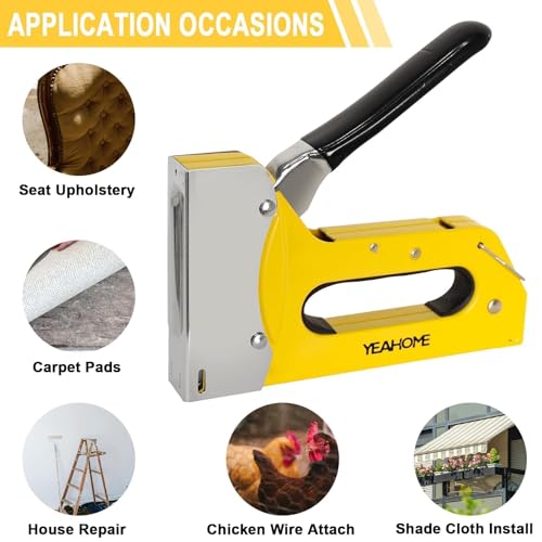 YEAHOME T50 Heavy Duty Staple Gun Kit, Upholstery Staple Gun with 6000 T50 Staples of 1/4, 3/8, 1/2 Inch, Manual Stapler Gun for Wood, Crafts, Wall, DIY & Professional Use Yellow, T50 Staple Gun, with 6000 Staples