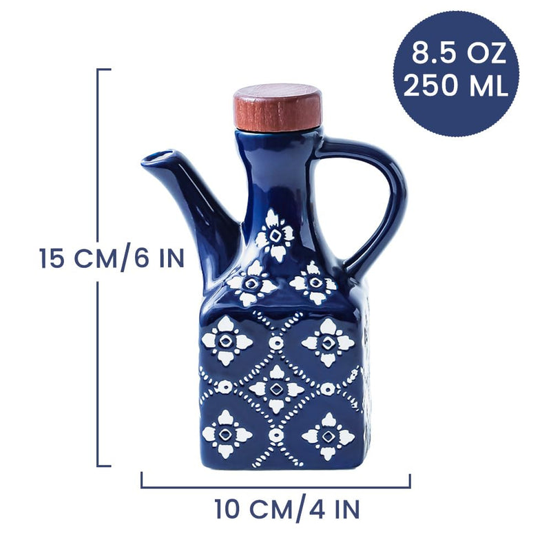 Ceramic Olive Oil Dispenser Bottle 8.5 oz – Decanter for Kitchen with Handle & Wooden Stopper, Decorative Oil and Vinegar Dispenser Set, Cooking Oil Container Cruet for Olive, Avocado, Vinegar, Jar BLUE - 8.5 oz