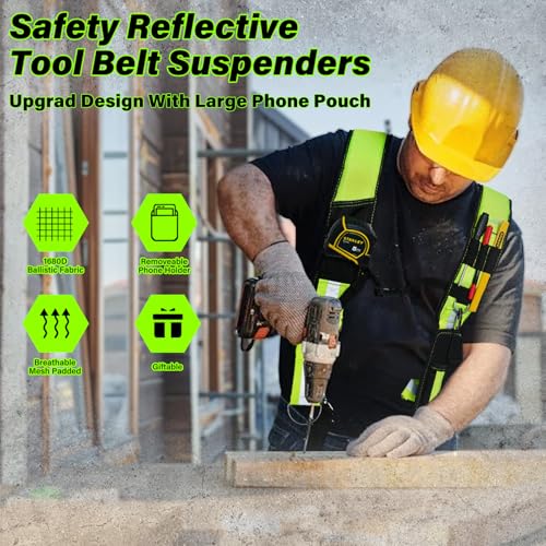 MELOTOUGH Reflective Safety Tool Belt Suspenders Construction Bag Suspenders, Tool Belt Pouches with Detachable Hammer Holster for Electrician, Carpenter, Construction