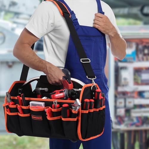 Kowsinde 18 Inch Tool Bag, Electrician Tool Bag, Open Top Tool Bags, 26 Pockets Can Hold Many Tools, Steel Handle and Removable Shoulder Strap Orange