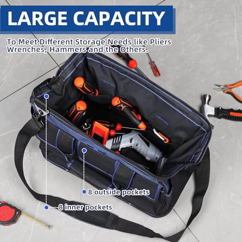 Tool Bag 16'', Multi-pocket Tool Organizer with Water Proof Plastic Base, Heavy Duty Tote with Shoulder Strap for Tool Storage, Black & Blue
