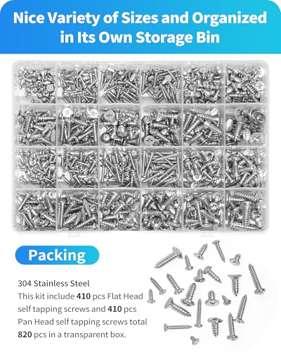 M3 M4 M5 M6 Wood Screws Assortment Set,304 Stainless Steel Assorted Self Tapping Screws Kit Truss Flat Pan Head Phillips Drive Drilling for Deck Drywall Concrete Sheet Metal (Flat & Pan Head 820PCS) Flat & Pan Head 820PCS
