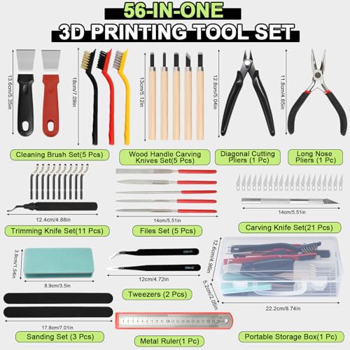 Pack of 56 Deburring 3D Printing Kit, 3D Printer Tool with Nozzle Cleaning Set, Carving Set, Deburring Tool, File Set, Cleaning Needles, Side Cutters, Small, Deburring Tool for Cleaning Maintenance 56 pieces