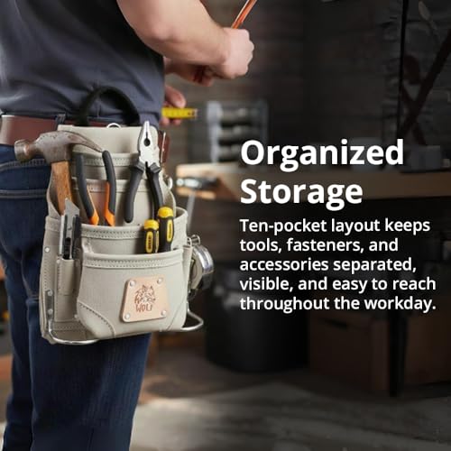 WOLF WTH2142I Heavy-Duty Genuine Reversed Leather 10-Pocket Tool Bag | Bolsa Cuero Para Hombres | Contractors Carpenters Handyman | Tool bag for Men | Bolsa de Trabajo de Cuero | Grey Suede