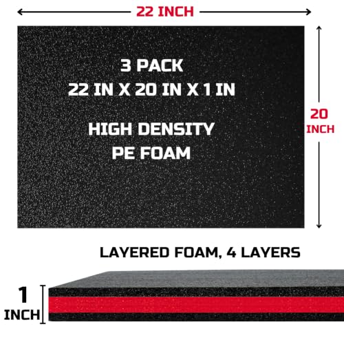 ONREVA Tool Box Foam Organizer 22x20x1 inch 3Pack, Kaizen Sheets for Pro Tool Control, Custom Tool Shadow Inserts for Cases & Drawers, High Density Polyethylene Foam, Black with Red
