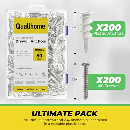 Qualihome Drywall Anchors with Screws – 400 Piece Set (200 Anchors + 200#8 x 1-1/4" Screws) | Self Drilling Drywall Anchors Heavy Duty | Wall Anchors for Drywall | Plastic Screw Anchor Kit 200 Pack