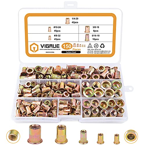 VIGRUE Rivet Nuts Assortment Bulk Kit with Portable Case, Nutserts RivnutsKit Flat Head