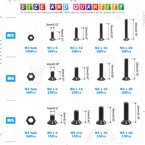 Glarks 510 Pcs Flat Hex Stainless Steel Screws Bolts Nuts Lock and Flat Washers Assortment Kit + 510Pcs Metric M3 M4 M5 Alloy Steel Socket Cap Screws Bolt Nuts Assortment Kit