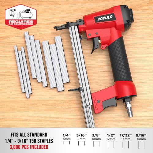Populo Pneumatic Staple Gun, Air Staple Gun T50, 3000 Staples, Upholstery Red