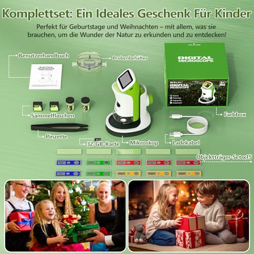Children's microscope with stand, 2-inch 4K screen, 1000X digital magnification, portable mini-scope science kit for boys and girls ages 4-12 with slide set, 32G card, STEM learning toy, gift