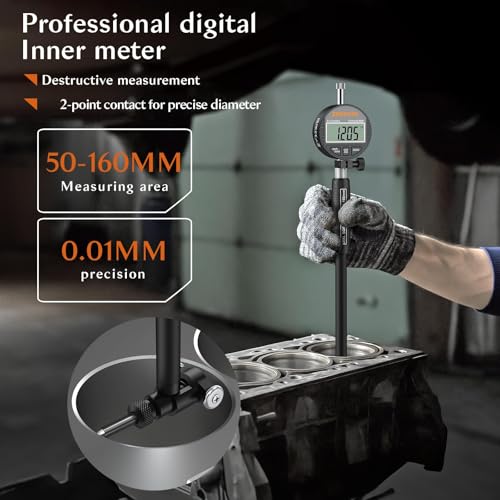Digital Dial Bore Gauge Set, High Precision Measures 2-6 inch/0.0005" Includes Self-Centering Dial Bore Gauge with Carbide Anvils for Deep Engine Cylinder Measurement 12 Anvils, 1 Measuring Rod