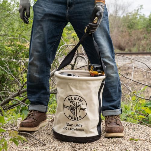 Klein Tools 5109SLR Canvas Bucket, All-Purpose Tool Bucket with Plastic Bottom with Drain Holes, Load Rated Up to 150-Pounds Canvas, 150-Pound Load
