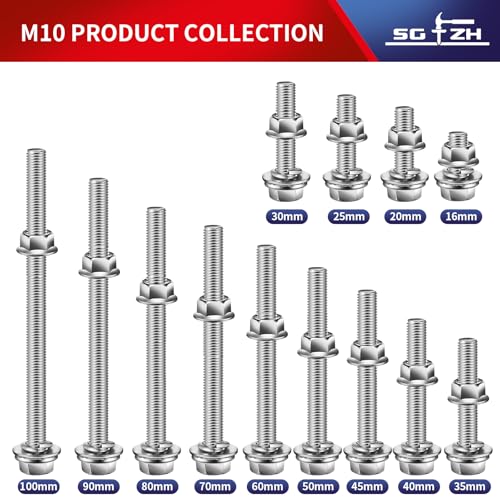 M10 x 80mm Flanged Hex Head Bolts, Nuts, Flat & Lock Washers, 10Pcs 18-8 (304) Stainless Steel, Fully Threaded, by SG TZH M10 x 80mm Silver 10