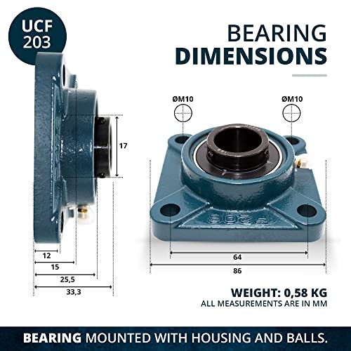 DOJA Barcelona | 2Pcs Bearings with Support UCF 203 | UC203 Ball Bearing for Ø 17mm Shaft | F204 Support | Steel Ball Bearings | Bearings and Bushings: Industrial and General Uses PACK 2