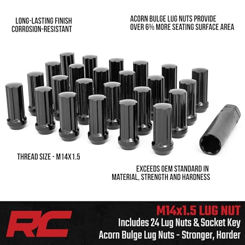 Rough Country 24-Piece Lug Nut Set - M14x1.5 Thread, Bulge Acorn Style, Black Lug Nuts with Socket Key, Corrosion-Resistant for Aftermarket Wheels