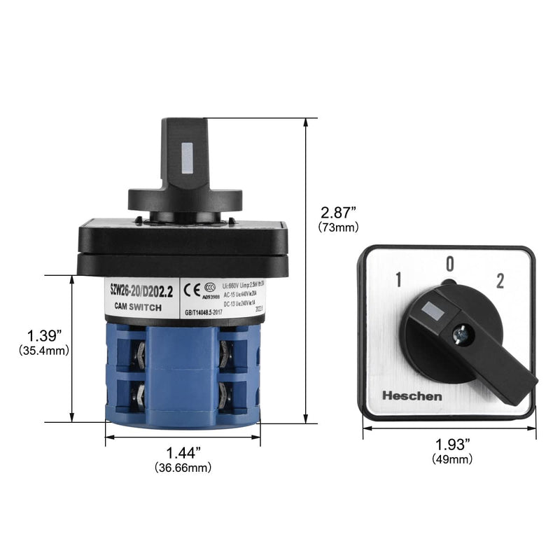 Heschen, universal cam switch, rotary switch, changeover switch SZW26-20/D202.2, Ui 660V, Ie 20A, 3 positions (on-off-on), 2 phases, 8 terminals, CE