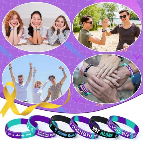 JUNEBRUSHS Silicone Wristbands for Suicide Prevention, 42 Pieces Purple Teal Inspirational Rubber Bracelets for Suicide Prevention, Awareness, Inspirational Charity Suicide Prevention Awareness Style