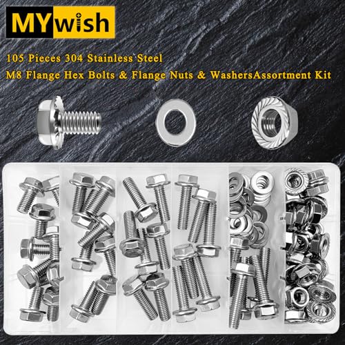 105Pcs M8x1.25 Bolt x 16/20/25/30/35mm Flanged Hex Head M8 Bolt, M8 Screws 304 Stainless Steel Nuts and Bolts Assortment Kit, DIN 6921, Serrated Metric Bolt Assortment by Mywish Silver 105Pcs M8