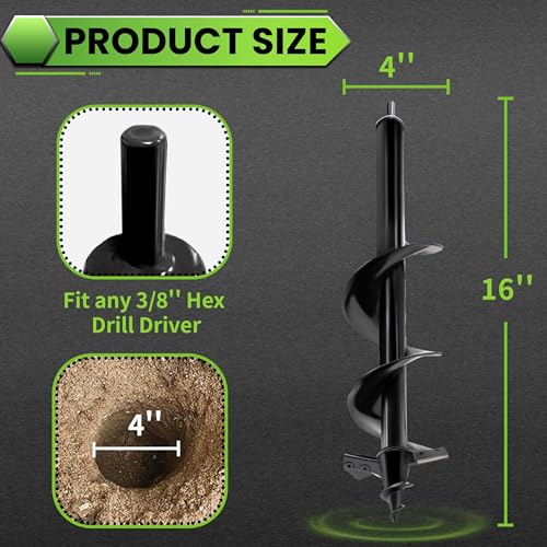 Auger Drill Bit for Planting - 4"X16" Heavy-Duty Auger Post Hole Digger for Fence - 3/8" Hex Drive Drill 4"X16"(Upgraded)