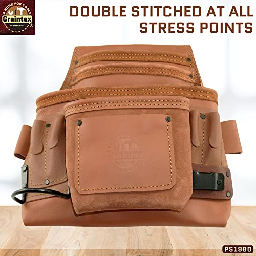 Graintex PS1980 :: 10 Pocket Nail & Tool Pouch Tan Color Industrial Grade Leather; for Handyman, Constructors, Plumbers, Electrician