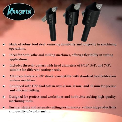 Set of 3 Fly Cutters 3/8" Shank with HSS Tool Bits Adjustable Fly Cutter Set for Milling Machine & Drill Press, Surface Facing Machining Tool 3/8" Shank with HSS Tool Bit