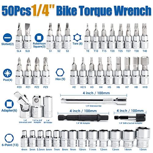 YIYEIE 50Pcs Master Bike Torque Wrench Set, 1/4 Inch Drive, 10-230 IN.LB (1-26.0 Nm), Inch Pound Click Torque Wrench with Bit Sockets, 0.1 Nm Micro, 3/8 Adapter, Pro Bicycle Tool Kit for MTB 1/4″ 50PCS