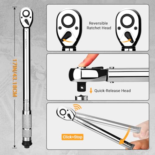 DEKOPRO Torque Wrench 1/2 Inch Drive Click, 10-170 Ft-Lb/13.5-229 Nm Car Torque Wrench, ±3% High Precision, 72 Tooth Torque Wrenches with Dual-Direction Adjustable for Bicycle, Car, Moto 1/2 Inch (10-170 ft.-lb.)
