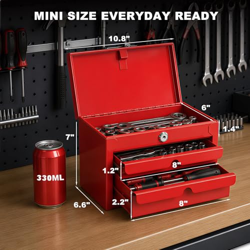 JACK BOSS Mini Tool Box with Two Drawers and Lockable Top Storage,Red Red