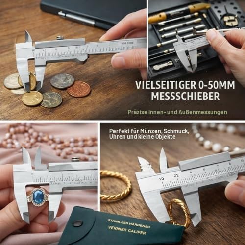 Vernier Caliper 0-50mm Stainless Steel Portable High Accuracy Small Portable Measuring Tool for DIY Household Jewelry Coins Gemstones Antique Student Caliper