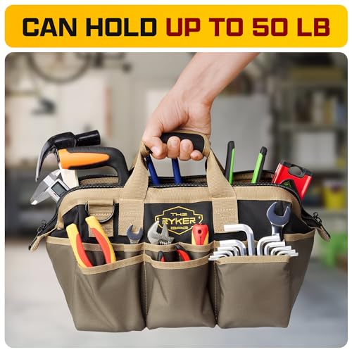 Ryker 14’’ Heavy Duty Tool Bag. Tool Box Organizer for Electricians & HVAC Khaki