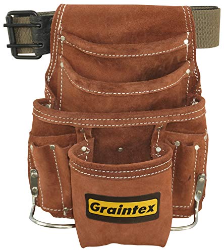Graintex SS2976 10 Pocket Nail & Tool Pouch Brown Color Suede Leather with 2” Leather/Webbing Belt for Constructors, Electricians, Plumbers, Handymen