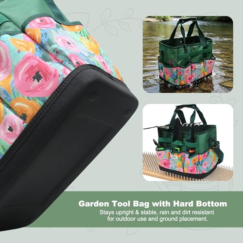 Hard Bottom Floral Garden Tool Tote Bag with Shoulder Strap Green Floral