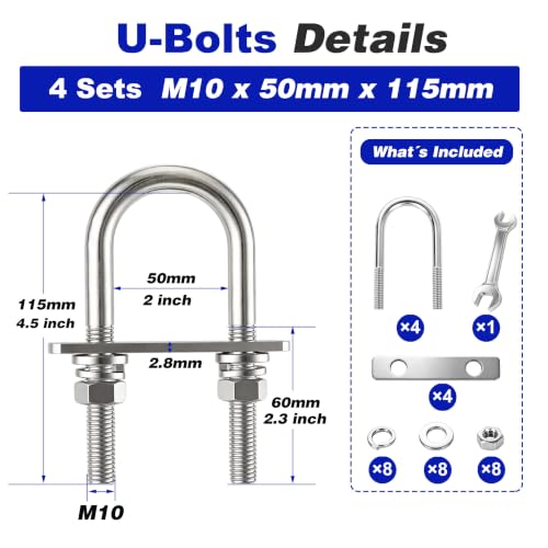 4 Pcs M10 U Bolts Kit, 2 Inch Wide u-Bolts 304 Stainless Steel U-Bolts with Plates and Washers, Heavy Duty U Bolt Marine Grade M10 x 50mm W x 115mm L Trailer Axle Clamp M10x50mmx115mm 4